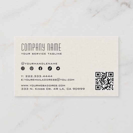 Leichte Beige Linen Textur QR Code Visitenkarte (Rückseite)