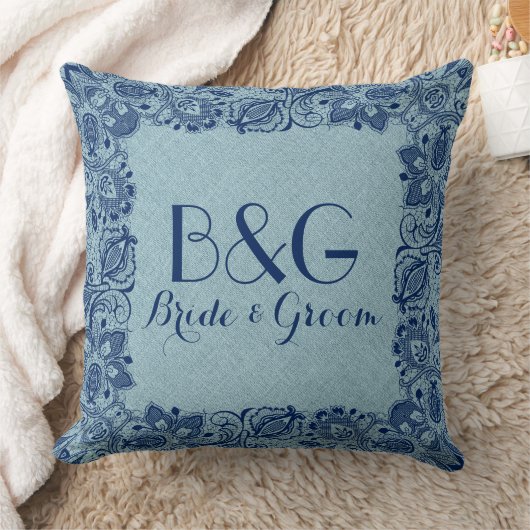 Leichte blaue Linen und Navy Lace Frame Kissen (Decke)