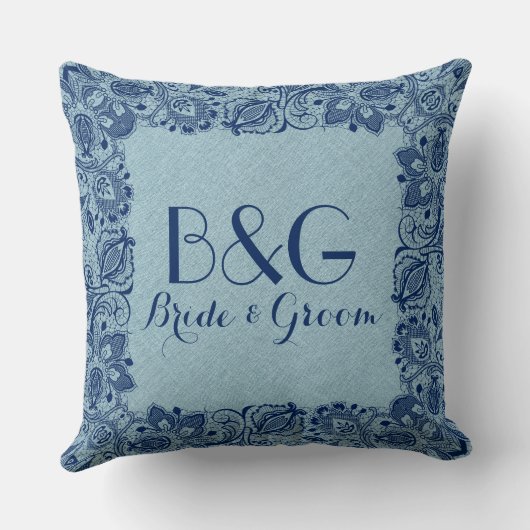 Leichte blaue Linen und Navy Lace Frame Kissen (Rückseite)
