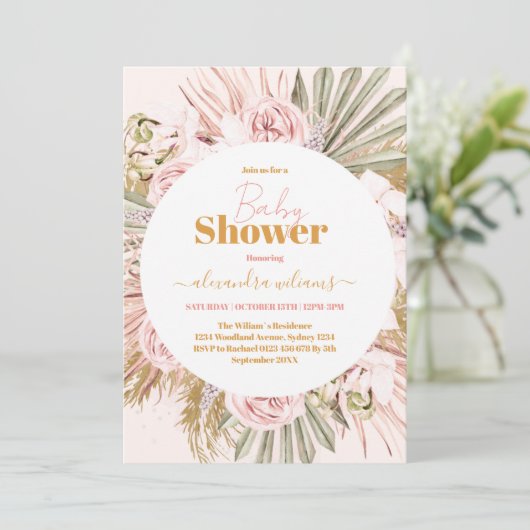 Leichte Blume und Pampas Grass Boho Babydusche Einladung (Stehend Vorderseite)