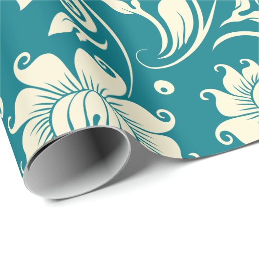 Leichte Creme und Aquamarin-grüne BlumenDamasken Geschenkpapier (Rolleneckpunkt)