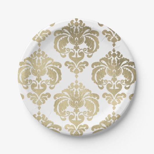 Leichte Hochzeitsfeier mit Gold & White Damask Pappteller (Vorderseite)