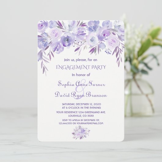 Leichte Lila Dusty Blue Floral Engagement Party Einladung (Stehend Vorderseite)