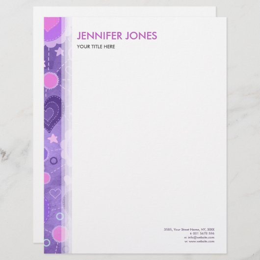 Leichte lila Pastellherzen u. Blumen Briefkopf (Vorne/Hinten)