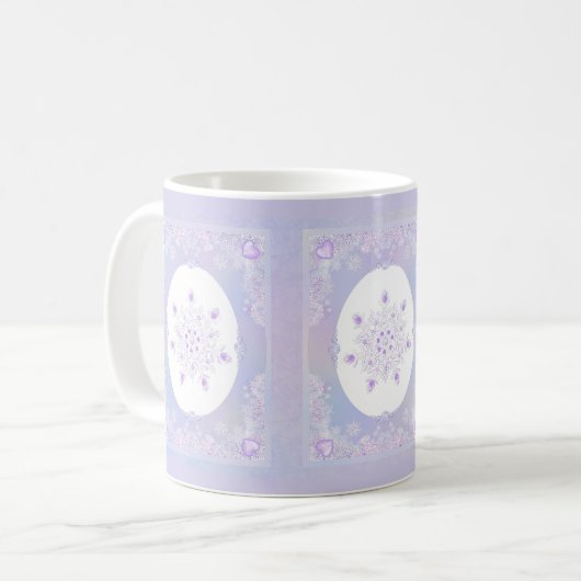 leichte lila Schneeflocke & glitzerndes Herz Kaffeetasse (Vorderseite Links)