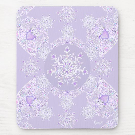 leichte lila Schneeflocke & glitzerndes Herz Mousepad (Vorne)