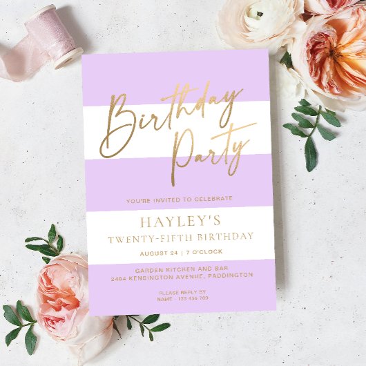 Leichte Lila Streifen Gold Geburtstag Einladung