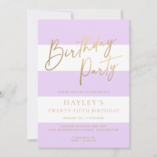 Leichte Lila Streifen Gold Geburtstag Einladung (Vorderseite)