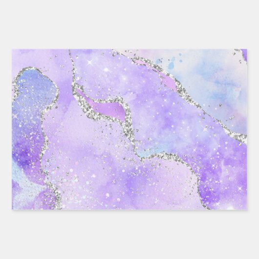 Leichte Lila und silberne Imitate Glitzer Pastell Geschenkpapier Set (Vorderseite 2)