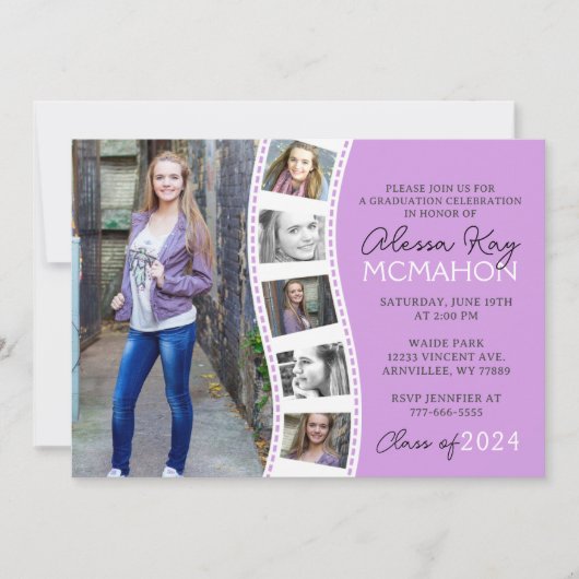 Leichte Lila und weiße Filmstreifen 6 Foto Abschlu Einladung (Vorderseite)