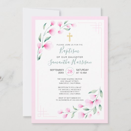Leichte rosafarbene Blume Wasserfarben Girl Taufe Einladung (Vorderseite)