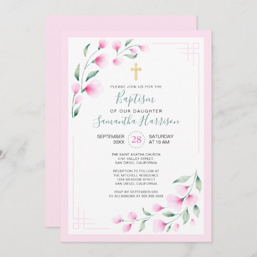 Leichte rosafarbene Blume Wasserfarben Girl Taufe Einladung (Vorne/Hinten)