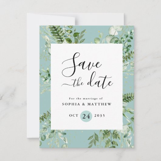 Leichte Sage und blaue Eukalyptus Save the Date (Vorderseite)