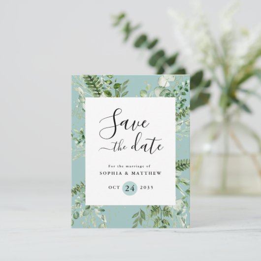 Leichte Sage und blaue Eukalyptus Save the Date (Stehend Vorderseite)