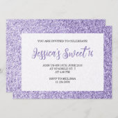 Leichte violette Glitzern Sweet 16 elegante Schrif Einladung (Vorne/Hinten)