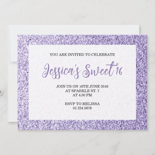 Leichte violette Glitzern Sweet 16 elegante Schrif Einladung (Vorderseite)