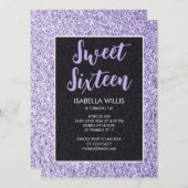 Leichte violette Glitzern Sweet 16 elegante Schrif Einladung (Vorne/Hinten)