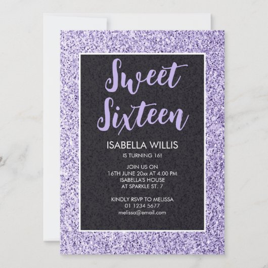 Leichte violette Glitzern Sweet 16 elegante Schrif Einladung (Vorderseite)