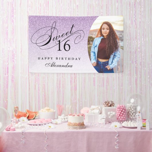 Leichter Lila Glitzer Sweet 16 Personalisiertes Fo Banner (Party)
