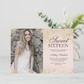 Leichter vergoldeter Glitzer Chic Rosa Foto Sweet Einladung (Stehend Vorderseite)