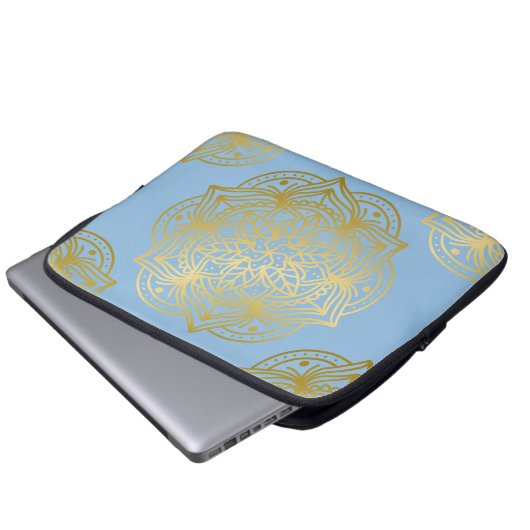 Leichtes blaues und goldenes Mandala-Musterpapier Laptopschutzhülle (Vorne Knopf)