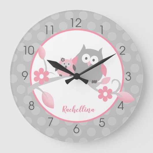 Leichtes graues und rosa Happy Owls Girl Kinderzim Große Wanduhr (Vorderseite)