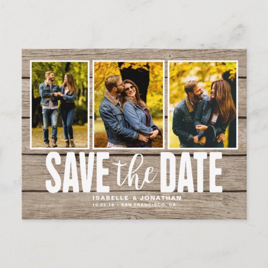 Leichtes Holz - Rustikale FotoCollage Save the Dat Ankündigungspostkarte (Vorderseite)