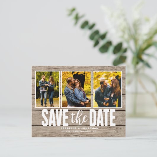 Leichtes Holz - Rustikale FotoCollage Save the Dat Ankündigungspostkarte (Stehend Vorderseite)