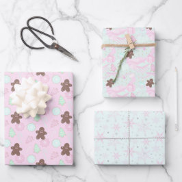Leichtes Pink Lebkuchen Männer Schneeflocken Geschenkpapier Set