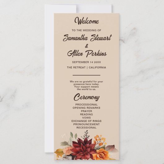 Leichtes Terrakotta-Herbst-Blumen-Hochzeitsprogram (Vorderseite)