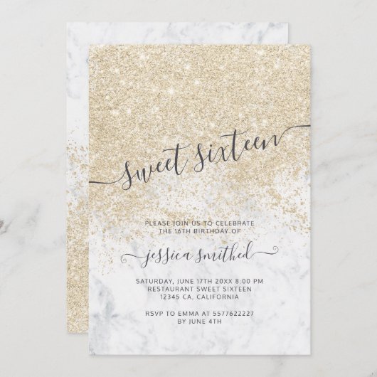 Leichtgold Glitzer typografischer Marmor Süß 16 Einladung (Vorne/Hinten)