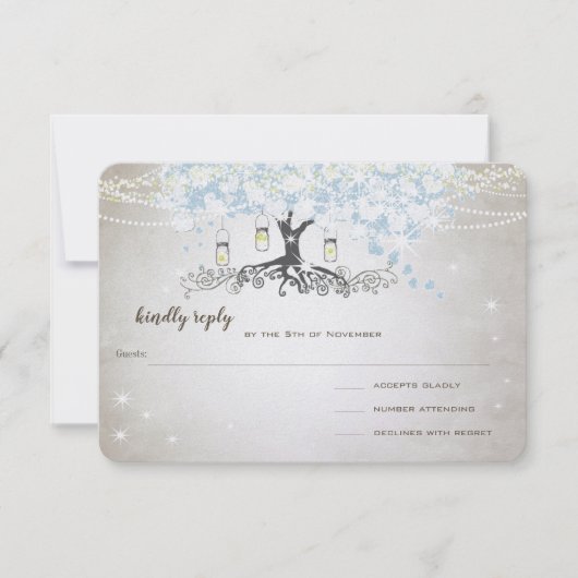 Leichtpulver Blauer Herzleder Tree Hochzeit RSVP Karte (Vorderseite)