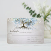 Leichtpulver Blauer Herzleder Tree Hochzeit RSVP Karte (Stehend Vorderseite)