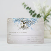 Leichtpulver Blauer Herzleder Tree Hochzeit RSVP Karte (Stehend Vorderseite)