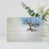 Leichtpulver Blauer Herzleder Tree Hochzeit RSVP Karte (Stehend Vorderseite)