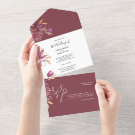 Leidenschaft Blume Wasserfarbenburgund und Gold All In One Einladung