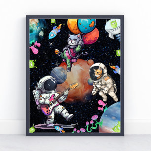 Leidenschaftlicher Astronaut und süße Katze Weltra Poster