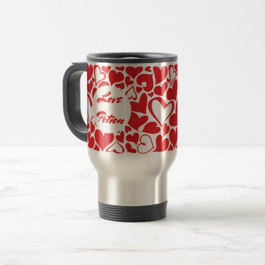 Leidenschafts-Herzmuster des Liebe-Tranks rotes Reisebecher (Vorderseite Links)