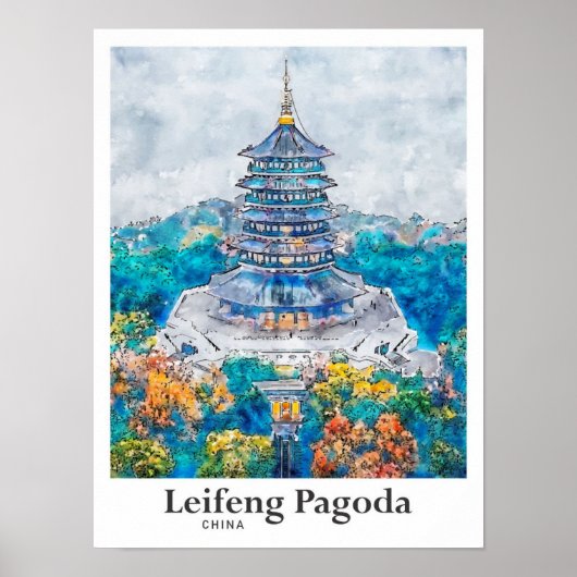 Leifeng Pagoda China Reisen Wasserfarbenhandgezeic Poster (Vorne)