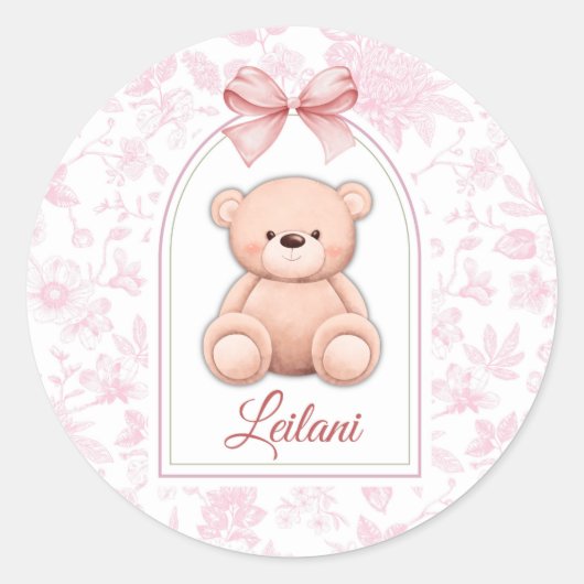 Leilani | Benutzerdefiniertes rosa Teddy-Bär-Kinde Runder Aufkleber (Vorderseite)