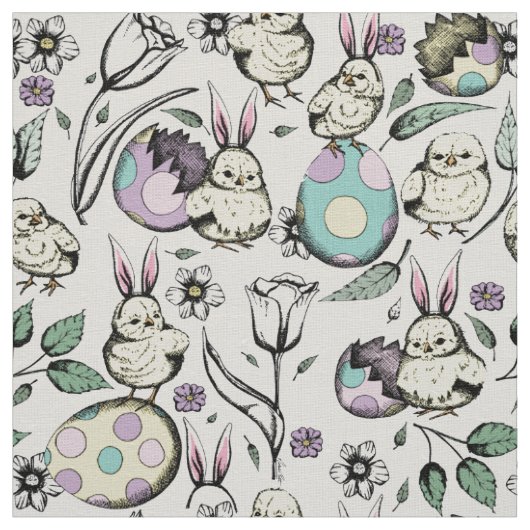 Leinen Baby Chicks, Bunny Ears, Blume & Eiern Stoff (Muster)