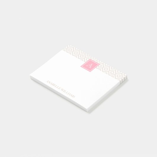 Leinen Beige Diamanten und rosa Monogramm Post-it Klebezettel (angewinkelt)