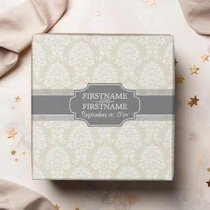 Leinen Beige und Charcoal Damast-Muster Geschenkpapier