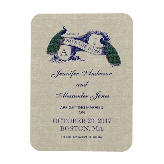 Leinen Blau Pfau Save the Date Magnet (Vertikal)