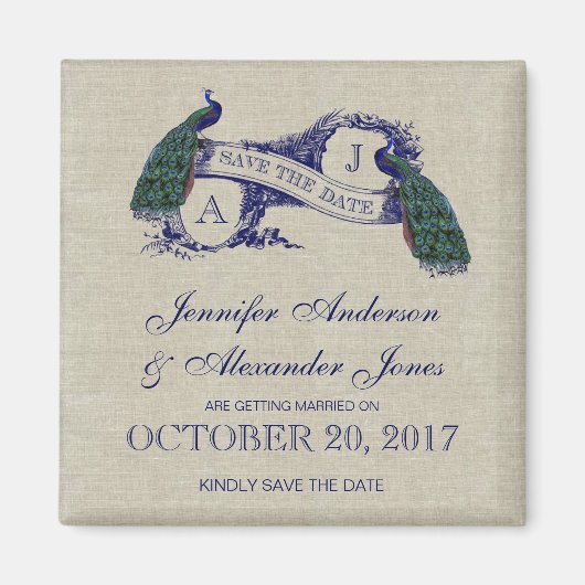 Leinen Blau Pfau Save the Date Magnet (Vorne)