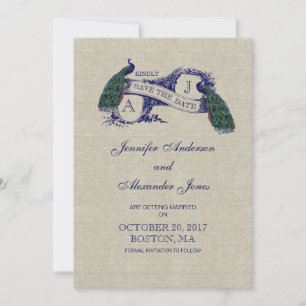 Leinen Blaue Pfau Save-the-Date-Karte Save The Date