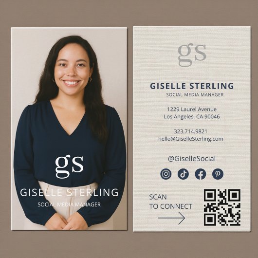 Leinen-Monogramm-Foto-Social-Media-QR-Code Visitenkarte