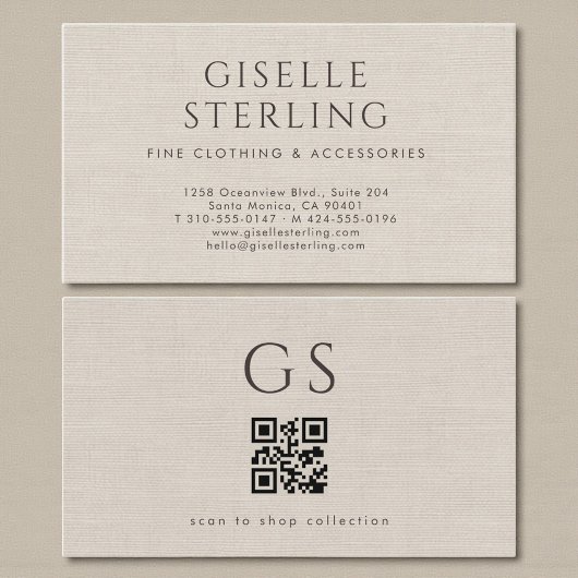 Leinen-QR-Code Luxus-Boutique-Bekleidung Visitenkarte