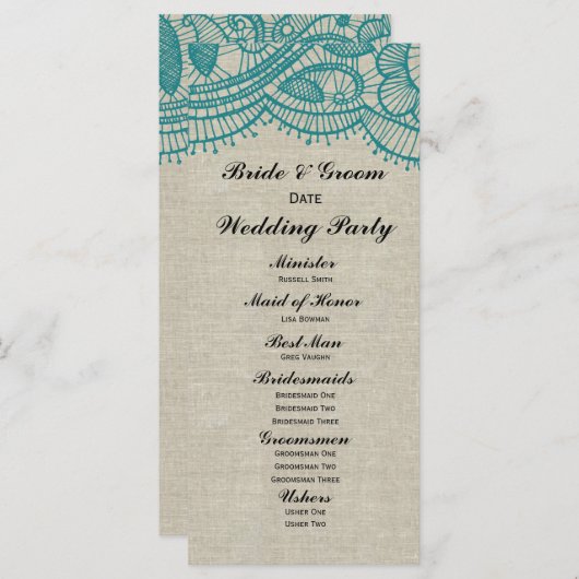 Leinen- und Aquamarine Hochzeitsprogramme Programm (Vorne/Hinten)