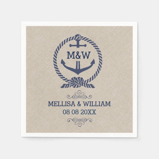 Leinentextur & Blue Boat Anchor Hochzeitsszenierun Serviette (Vorderseite)